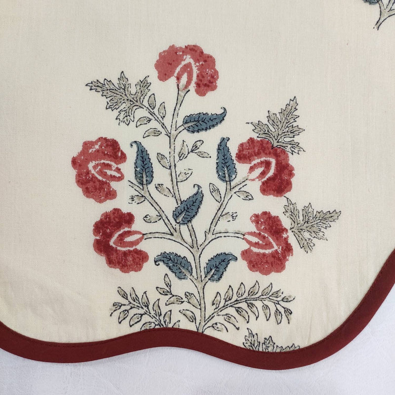 Christmas Red pink blue Flower Placemat, 'Block Print' fabric table mat easy care, machine washable rustic kitchen decor dining mat set of 2