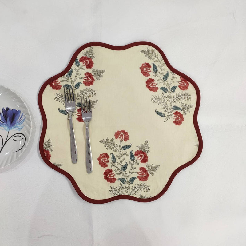 Christmas Red pink blue Flower Placemat, 'Block Print' fabric table mat easy care, machine washable rustic kitchen decor dining mat set of 2