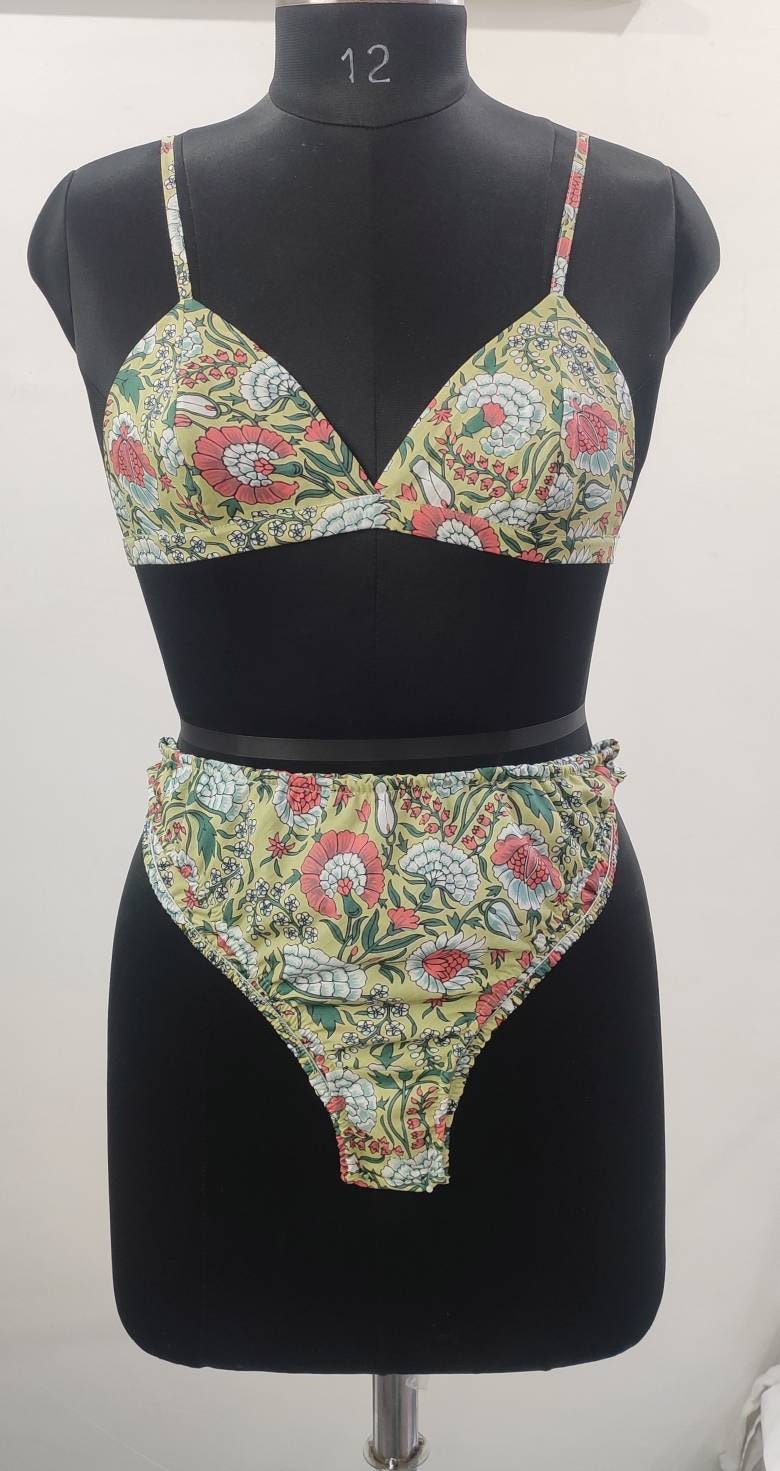 Cotton Bikini Block Print Swimsuit Women Sexy Swimwear Female High Cut Swimming Suit Sexy Bathing Suit Beach Wear New