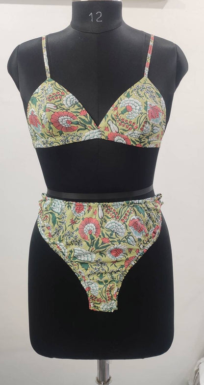 Cotton Bikini Block Print Swimsuit Women Sexy Swimwear Female High Cut Swimming Suit Sexy Bathing Suit Beach Wear New