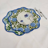 Round scalloped royal blue Flower Placemat, Block Print fabric table mat easy care,machine washable rustic kitchen decor dining mat set of 2