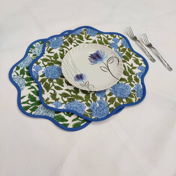 Round scalloped royal blue Flower Placemat, Block Print fabric table mat easy care,machine washable rustic kitchen decor dining mat set of 2