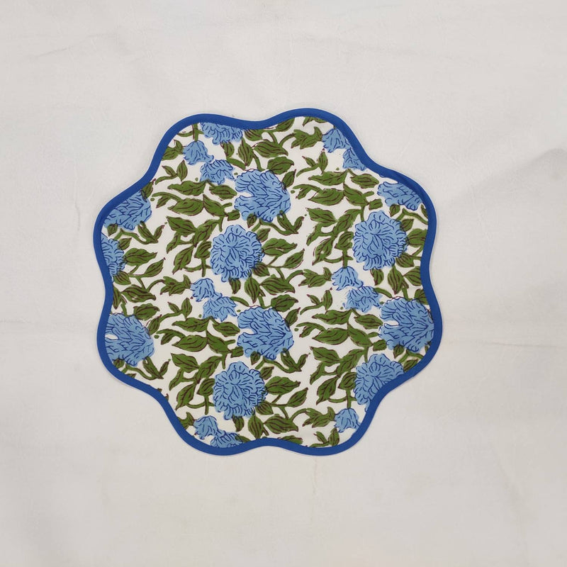 Round scalloped royal blue Flower Placemat, Block Print fabric table mat easy care,machine washable rustic kitchen decor dining mat set of 2