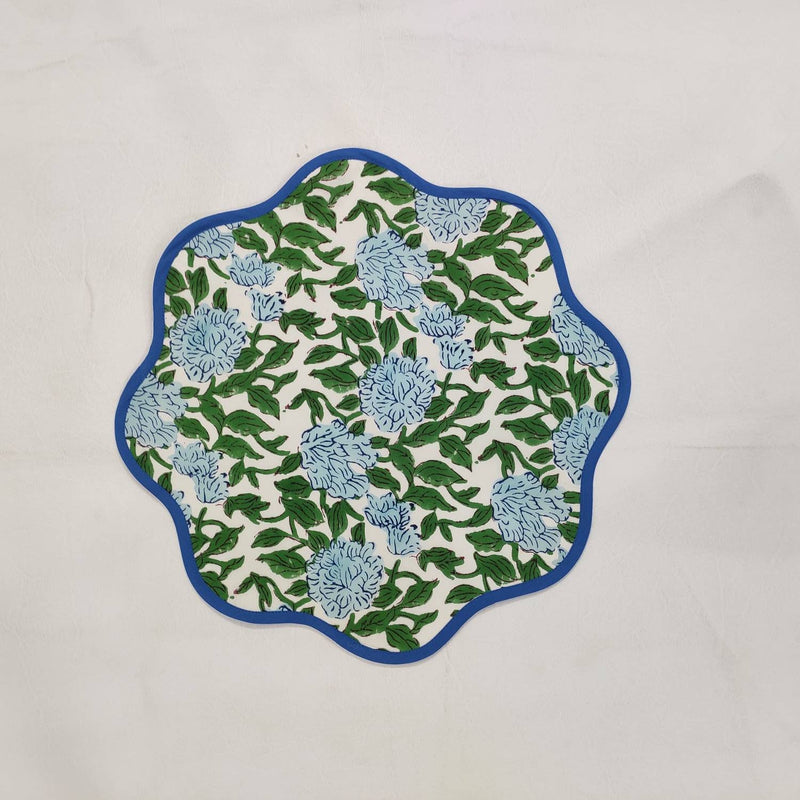 Round scalloped royal blue Flower Placemat, Block Print fabric table mat easy care,machine washable rustic kitchen decor dining mat set of 2