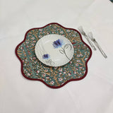 Round scalloped Christmas Placemat, Block Print fabric table mat easy care,machine washable rustic kitchen decor dining mat set of 2