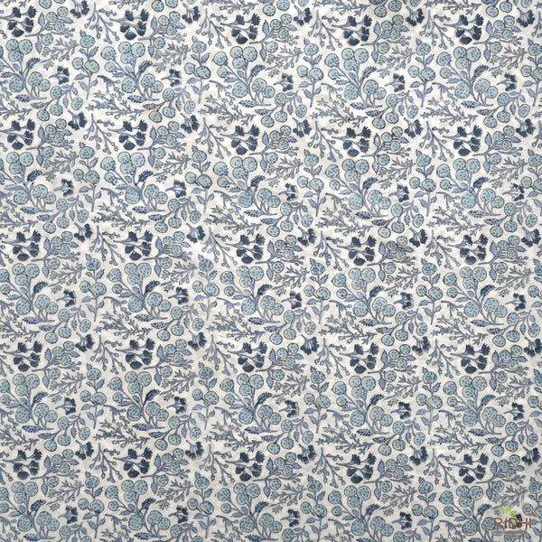 Denim and Baby Blue on White Hand-Block Printed Cotton Cloth