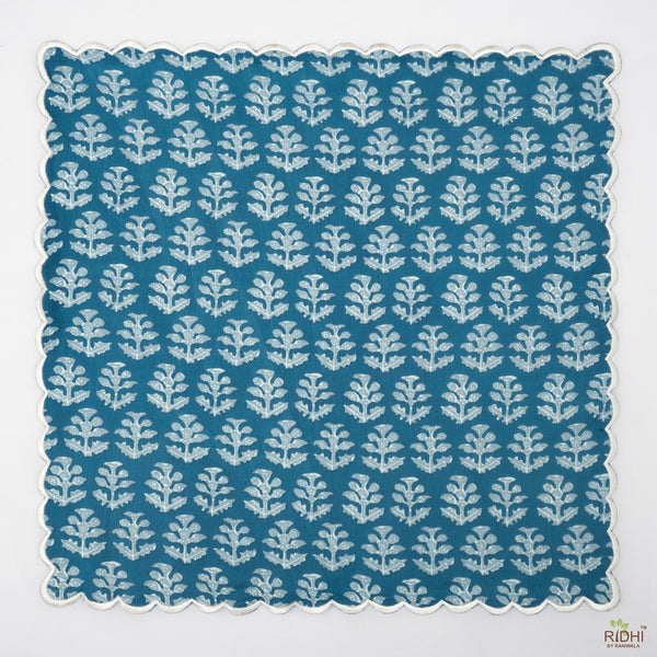 Teal Blue Off White Scalloped Table Napkins Indian Floral Hand Block Printed Pure Cotton Cloth Napkins, 9x9"- Cocktail Napkin, 20x20"- Dinner Napkins