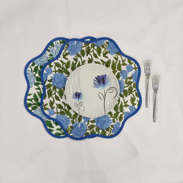 Round scalloped royal blue Flower Placemat, Block Print fabric table mat easy care,machine washable rustic kitchen decor dining mat set of 2
