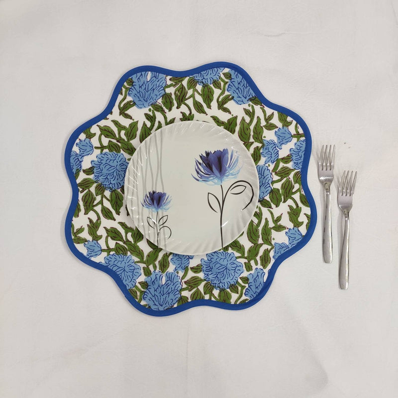 Round scalloped royal blue Flower Placemat, Block Print fabric table mat easy care,machine washable rustic kitchen decor dining mat set of 2