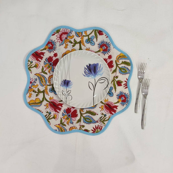 Round scalloped botanical Placemat, Block Print fabric table mat easy care,machine washable rustic kitchen decor dining mat set of 2