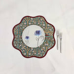 Round scalloped Christmas Placemat, Block Print fabric table mat easy care,machine washable rustic kitchen decor dining mat set of 2