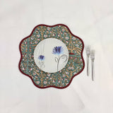 Round scalloped Christmas Placemat, Block Print fabric table mat easy care,machine washable rustic kitchen decor dining mat set of 2