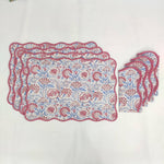 Rectangular wave scallop Mats Table Linens floral Napkins & Cotton Table quilted wave piped Placemats ,Indian Floral Hand Block Printed Set