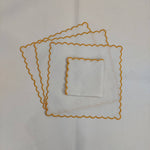 White linen cloth scallop napkins with embroidered trim for table decor 12''x12'' size set of 4