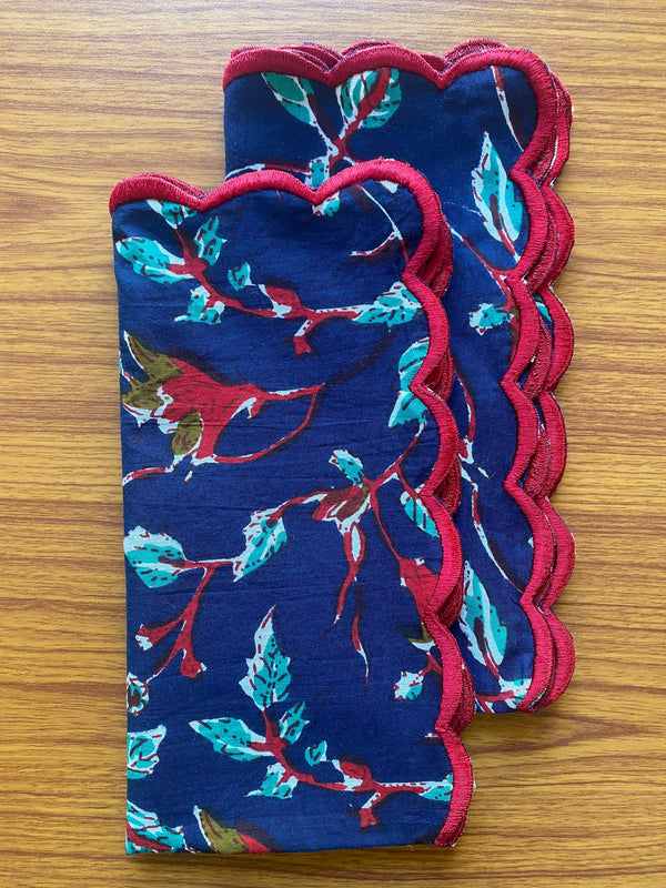 FABRICSG Dark Blue, Vermillion Red, Pine Green Indian Floral Printed 100% Pure Cotton Cloth Napkins, 18x18"- Wedding Napkins, 20x20"- Dinner Napkins