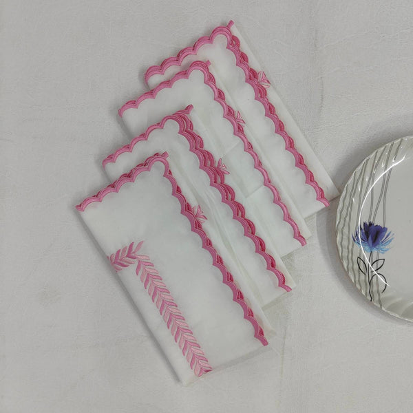 Embroidered pink fern White linen cloth scallop napkins set Wedding napkins for table decor 18''x18'' size set of 4 napkins