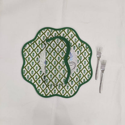 Round scalloped botanical Placemat, Green Tree napkins, Block Print fabric table mat,machine washable rustic kitchen decor dining mat set
