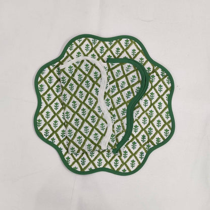 Round scalloped botanical Placemat, Green Tree napkins, Block Print fabric table mat,machine washable rustic kitchen decor dining mat set