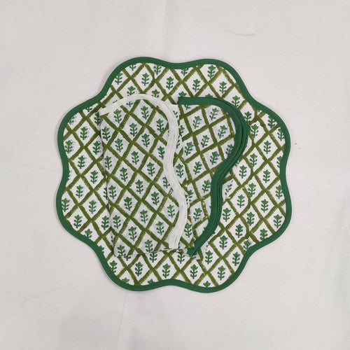 Round scalloped botanical Placemat, Green Tree napkins, Block Print fabric table mat,machine washable rustic kitchen decor dining mat set