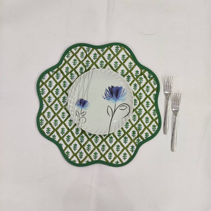 Round scalloped botanical Placemat, Green Tree napkins, Block Print fabric table mat,machine washable rustic kitchen decor dining mat set