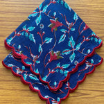 FABRICSG Dark Blue, Vermillion Red, Pine Green Indian Floral Printed 100% Pure Cotton Cloth Napkins, 18x18"- Wedding Napkins, 20x20"- Dinner Napkins