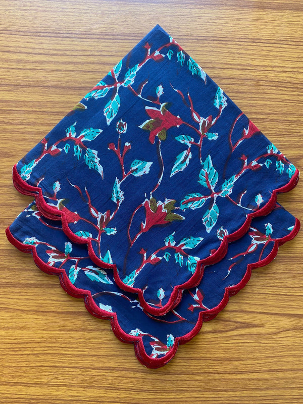FABRICSG Dark Blue, Vermillion Red, Pine Green Indian Floral Printed 100% Pure Cotton Cloth Napkins, 18x18"- Wedding Napkins, 20x20"- Dinner Napkins