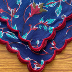 FABRICSG Dark Blue, Vermillion Red, Pine Green Indian Floral Printed 100% Pure Cotton Cloth Napkins, 18x18"- Wedding Napkins, 20x20"- Dinner Napkins
