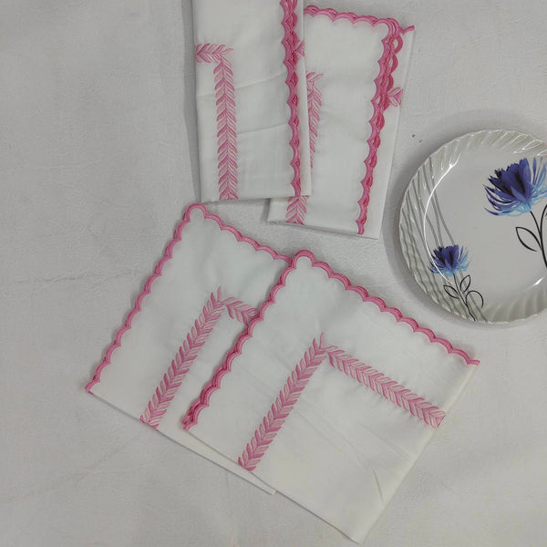 Embroidered pink fern White linen cloth scallop napkins set Wedding napkins for table decor 18''x18'' size set of 4 napkins