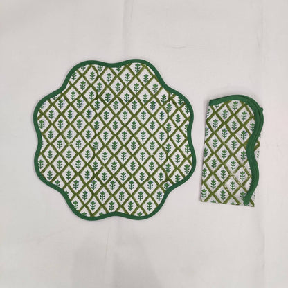 Round scalloped botanical Placemat, Green Tree napkins, Block Print fabric table mat,machine washable rustic kitchen decor dining mat set