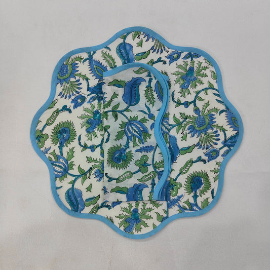 Round scalloped botanical Placemat, Block Print fabric table mat HOUSEWARMING GIFT easy care, washable rustic kitchen decor dining mat set