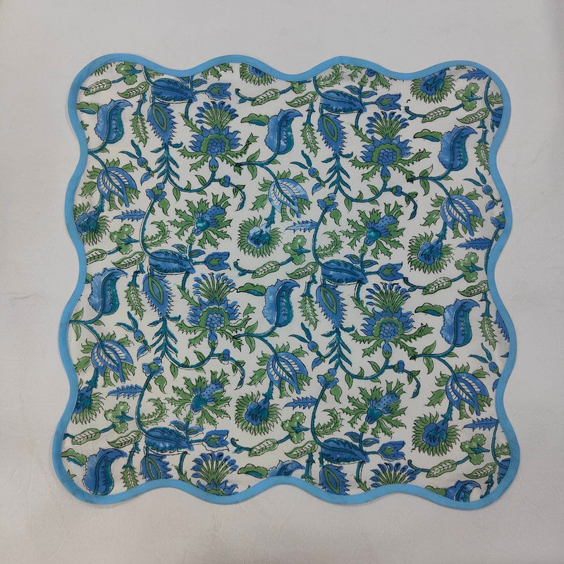Round scalloped botanical Placemat, Block Print fabric table mat HOUSEWARMING GIFT easy care, washable rustic kitchen decor dining mat set