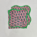 Piping wave scallop napkin, wedding napkin, Set of 4, People pink Flowers on white Fabric, Print by Hand Block,Sustainable Cloth Napkins