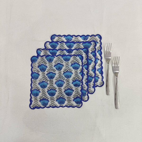 Cocktail Napkins with Trimming lace, Set of 10, Scallop edge Napkin,Hand block printed Sustainable Cloth Napkins