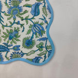 Round scalloped botanical Placemat, Block Print fabric table mat HOUSEWARMING GIFT easy care, washable rustic kitchen decor dining mat set