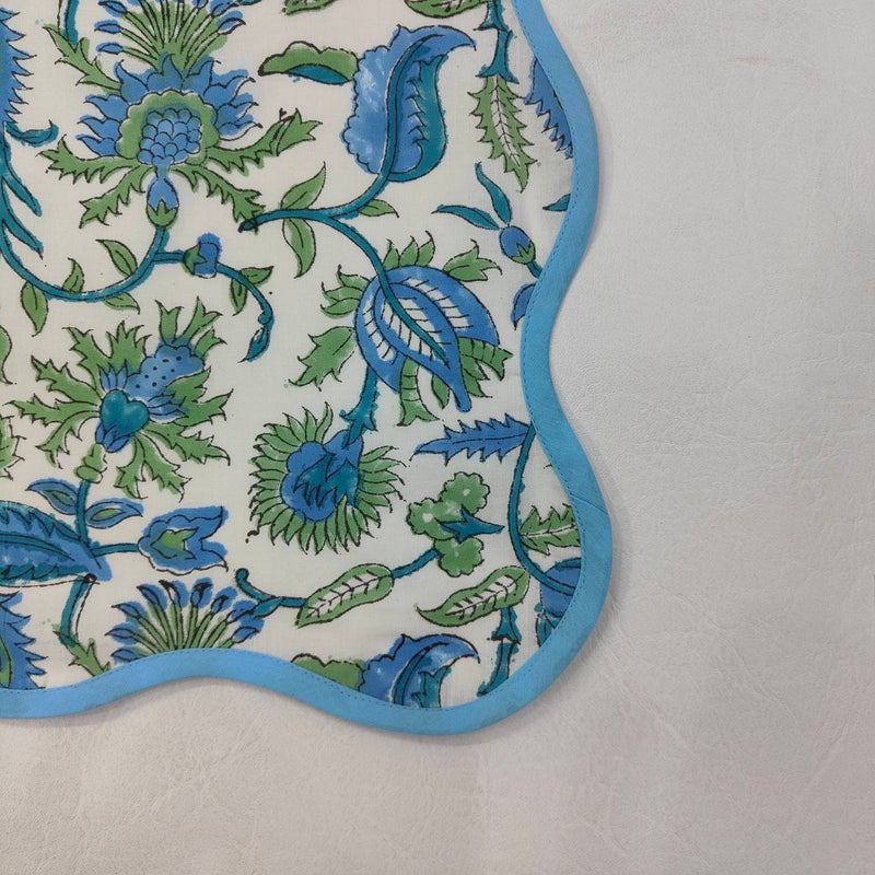 Round scalloped botanical Placemat, Block Print fabric table mat HOUSEWARMING GIFT easy care, washable rustic kitchen decor dining mat set