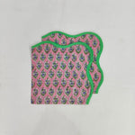 Piping wave scallop napkin, wedding napkin, Set of 4, People pink Flowers on white Fabric, Print by Hand Block,Sustainable Cloth Napkins