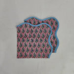 Piping wave scallop napkin, wedding napkin, Set of 4, People pink Flowers on white Fabric, Print by Hand Block,Sustainable Cloth Napkins