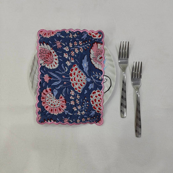 Cocktail Napkins with Trimming lace, Set of 12, Scallop edge Napkin,Hand block printed Sustainable Cloth Napkins