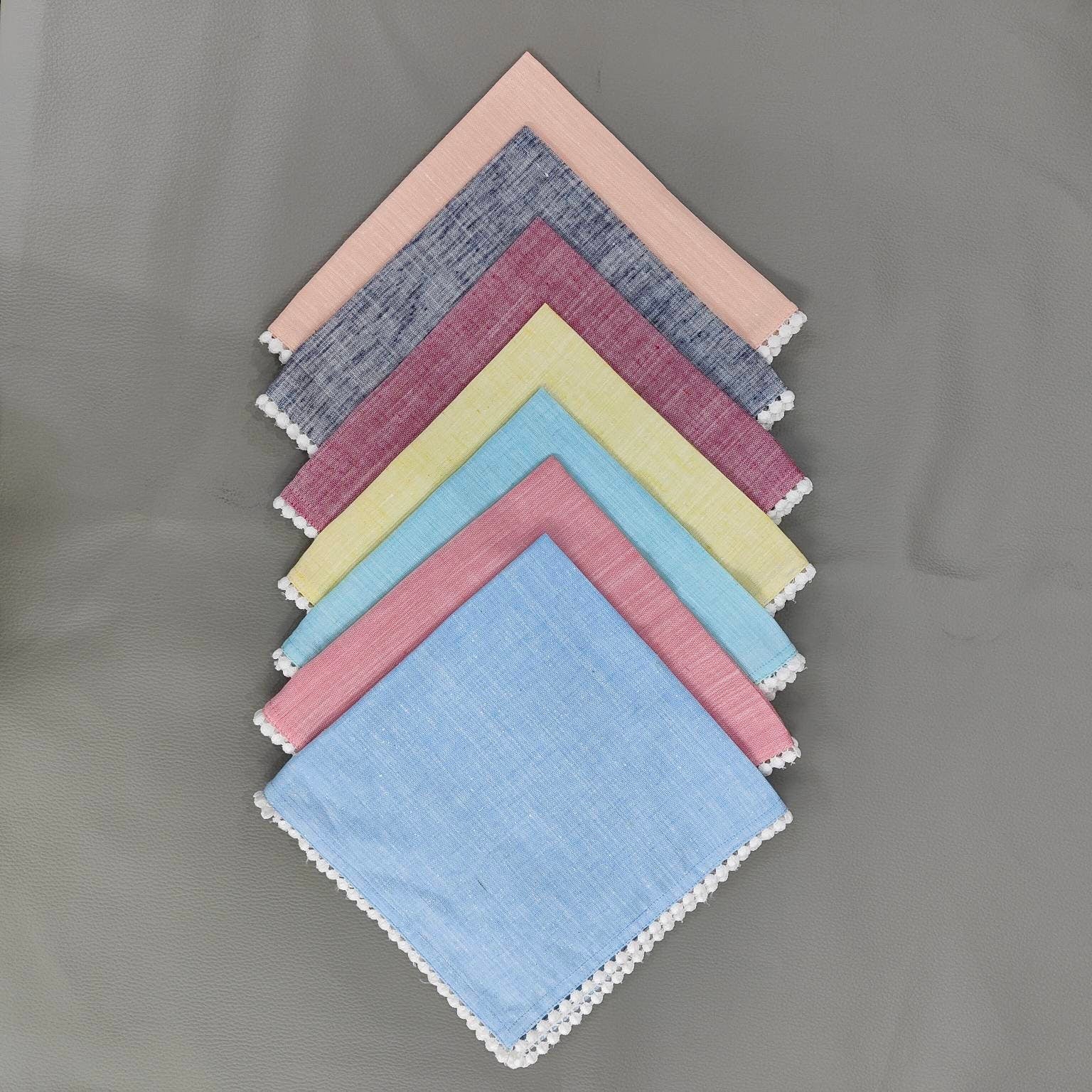 Linen tea towels, Cloth Napkins, Table linen, Mix color lace Linen Napkins, Pom Pom Napkins, Cocktail Napkins, 18x18"- Dinner Napkins Set 4x