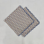 Denim Blue, White, Cotton Napkins, Embroidered Napkin, India Hand block print, Scalloped, 9"X9"- Cocktail Napkins, 20"X20"- Dinner Napkins