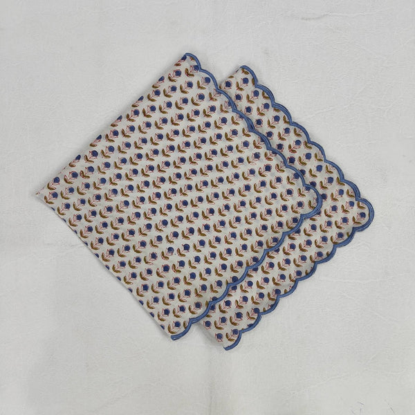 Denim Blue, White, Cotton Napkins, Embroidered Napkin, India Hand block print, Scalloped, 9"X9"- Cocktail Napkins, 20"X20"- Dinner Napkins