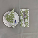 Sage green, White, Cotton Napkins, Embroidered Napkin, India Hand block print, Scalloped, 6"X9"- Cocktail Napkins, 20"X20"- Dinner Napkins