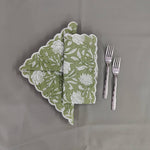 Sage green, White, Cotton Napkins, Embroidered Napkin, India Hand block print, Scalloped, 6"X9"- Cocktail Napkins, 20"X20"- Dinner Napkins