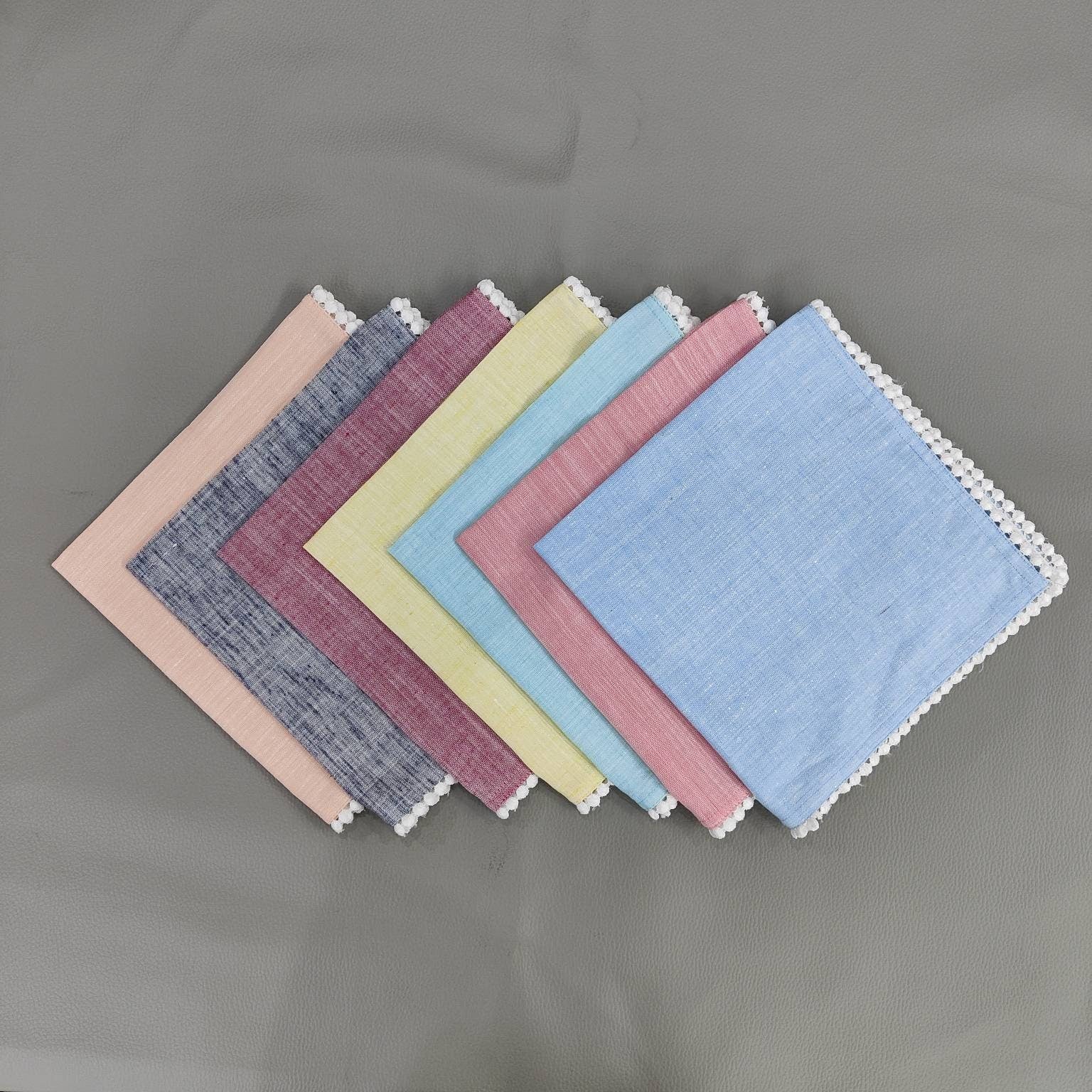 Linen tea towels, Cloth Napkins, Table linen, Mix color lace Linen Napkins, Pom Pom Napkins, Cocktail Napkins, 18x18"- Dinner Napkins Set 4x