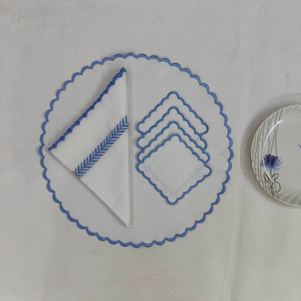 Round scalloped Table Linen Placemat,Embroidered linen white fabric table mat easy care,machine washable rustic kitchen decor dining mat set