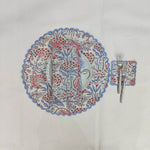 Round scalloped Embroidered linen Placemat, Block Print fabric table mat easy care,machine washable rustic kitchen decor dining mat set