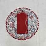 Round scalloped Embroidered linen Placemat, Block Print fabric table mat easy care,machine washable rustic kitchen decor dining mat set