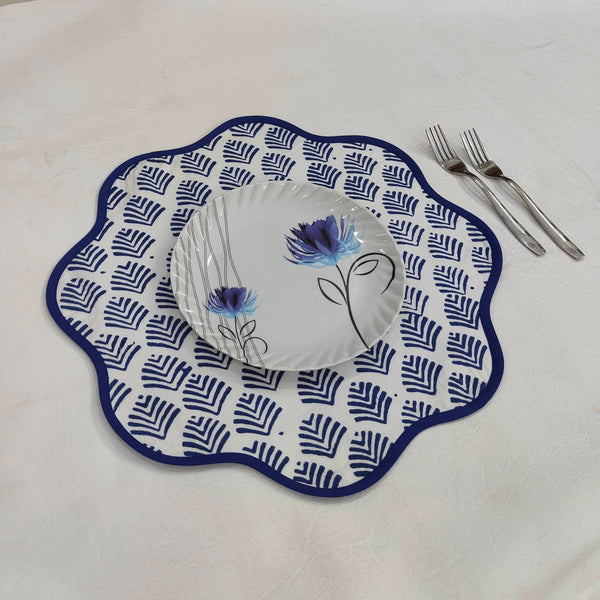 Round scalloped Placemat, Block Print fabric table linen mat easy care,machine washable rustic kitchen decor dining mat set of 2