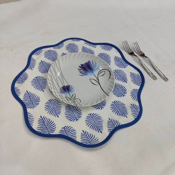 Round scalloped Placemat, Block Print fabric table linen mat easy care,machine washable rustic kitchen decor dining mat set of 2