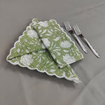 Sage green, White, Cotton Napkins, Embroidered Napkin, India Hand block print, Scalloped, 6"X9"- Cocktail Napkins, 20"X20"- Dinner Napkins